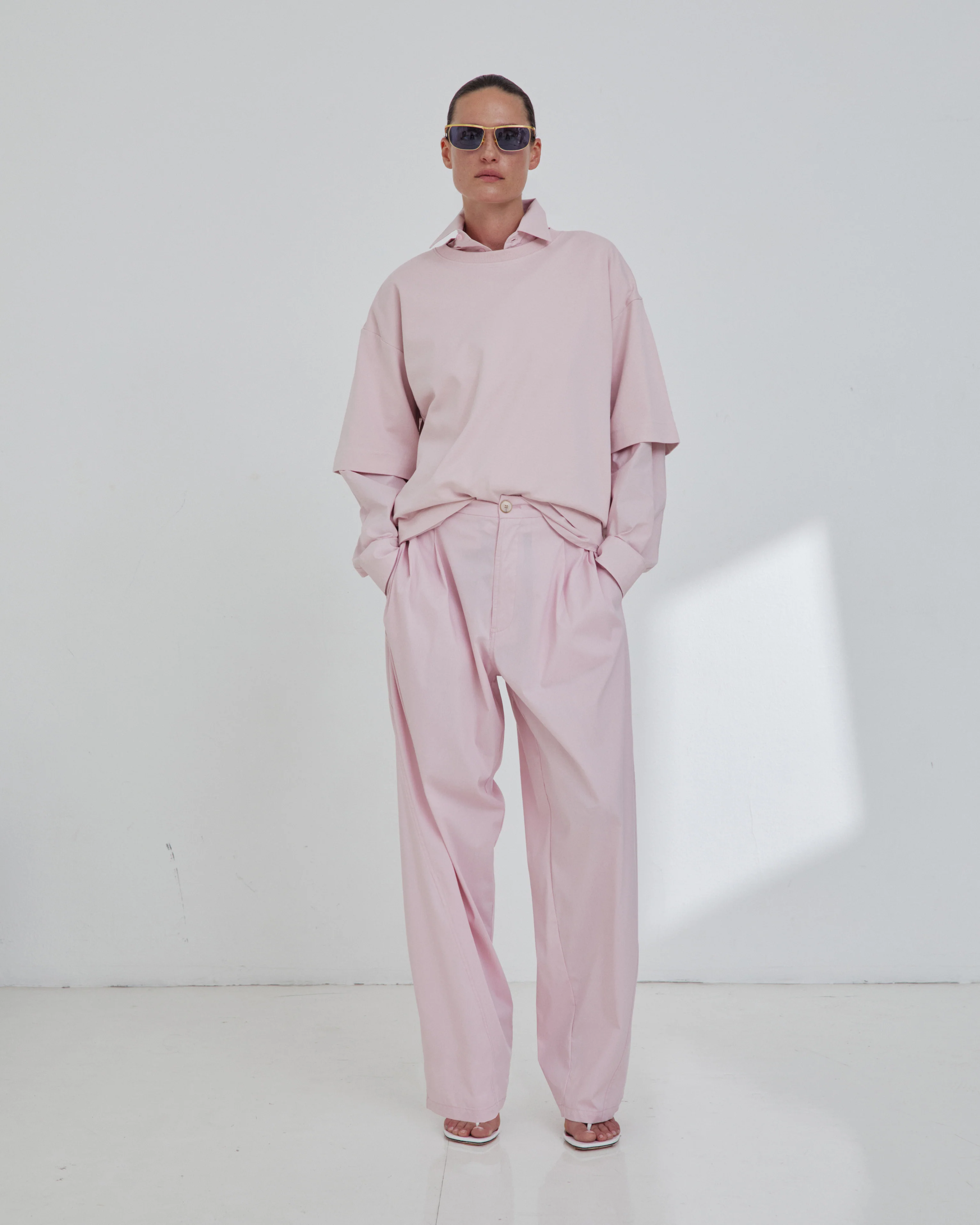 PHEBE - SILK SCARF ADORNED LIGHT COTTON POPELINE WIDE-LEG PANTS - Image 5